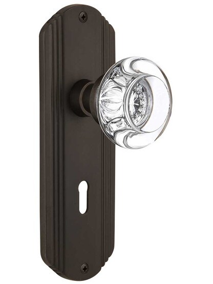 Streamline Deco Door Set with Round Crystal Glass Knobs and Keyhole in Oil-Rubbed Bronze.
